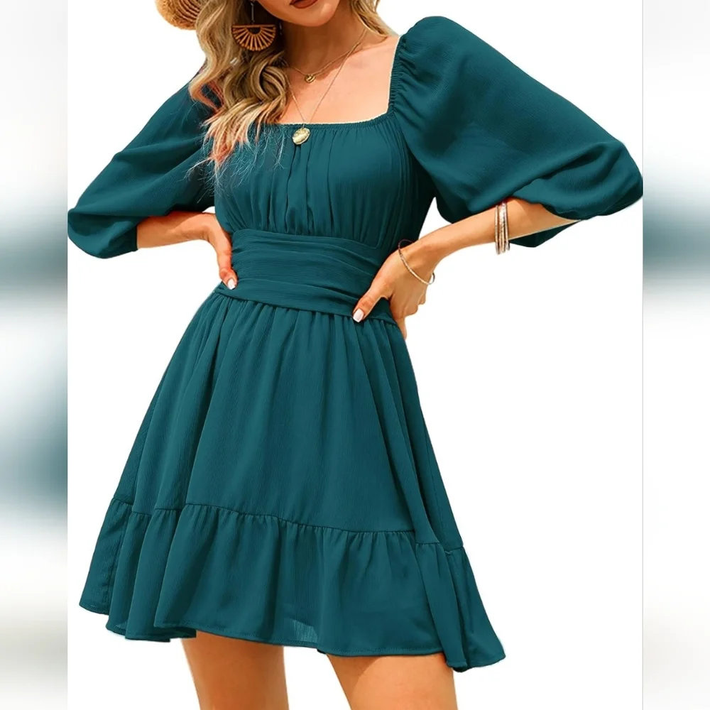 NWT Women's Peacock Blue Boho Ruffle Dress Long Lantern Sleeves Size S - Picture 5 of 15